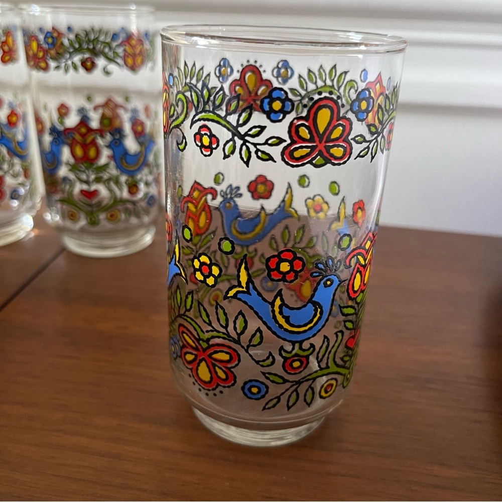 Set of 4 Vtg Corning Ware Libbey Country Festival Glasses Tumbler 5” Blue Bird
